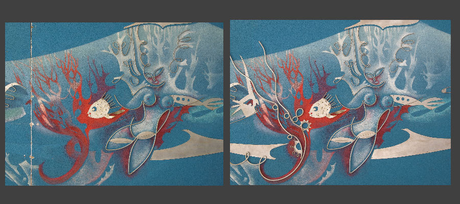 Tafelbild "Das Atoll"  von Maria Ullmann (My Ullman) 1965; Neurologische Klinik, Universitätsklinikum Bonn. Ausführung in Zusammenarbeit mit "Döll-Restaurierung, Eschwege":https://www.doell-restaurierung.de/