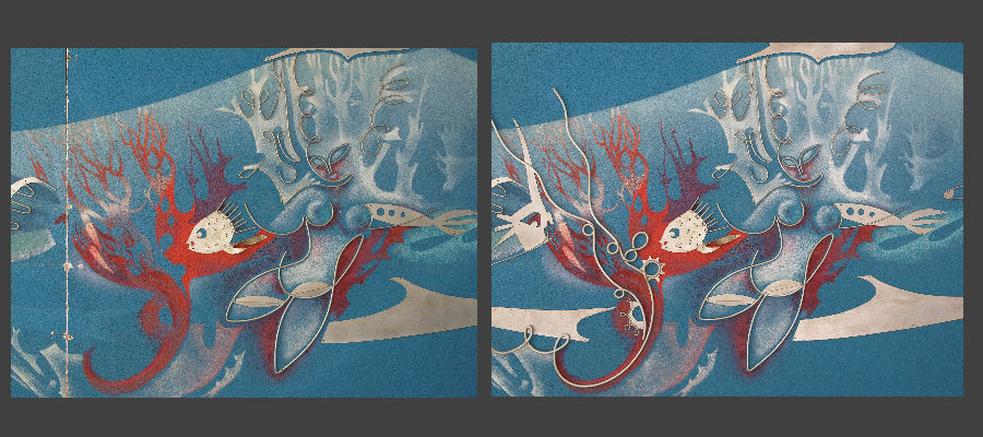 Tafelbild "Das Atoll" von Maria Ullmann (My Ullman) 1965; Neurologische Klinik, Universitätsklinikum Bonn. Ausführung in Zusammenarbeit mit "Döll-Restaurierung, Eschwege":https://www.doell-restaurierung.de/ Tafelbild "Das Atoll" von Maria Ullmann (My Ullman) 1965; Neurologische Klinik, Universitätsklinikum Bonn. Ausführung in Zusammenarbeit mit "Döll-Restaurierung, Eschwege":https://www.doell-restaurierung.de/